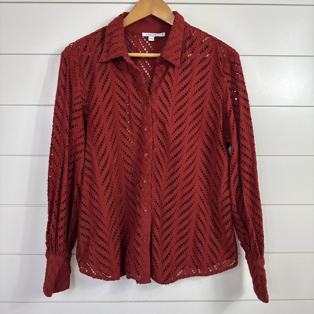Chico's Button Front Poplin Blouse Shirt Cutwork Eyelet Burnt Orange 2.5 (sz 14)